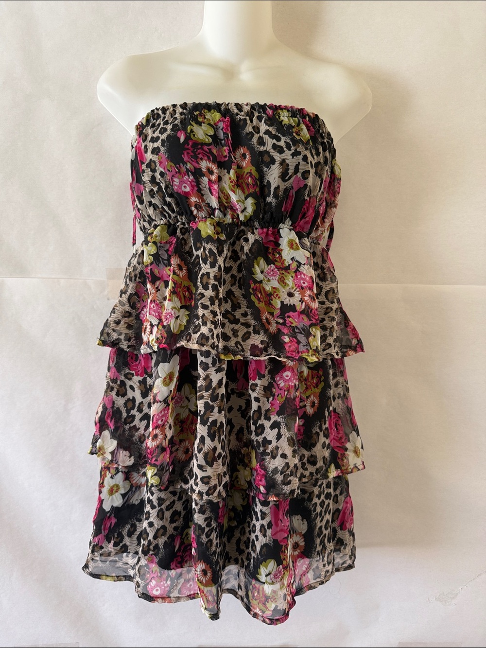 Y2K Cheetah Floral Print Strapless Tube Dress Size S Tiered Mini Scene Grunge